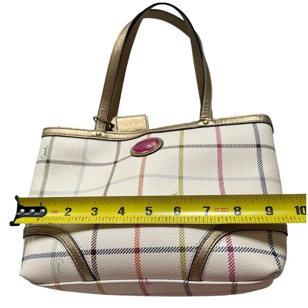 Coach Peyton Small Tattersall Plaid Tote Coated Canvas Leather Trim F48586